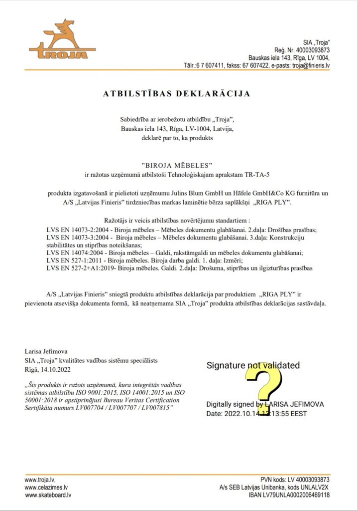 Atbilstības deklarācija, SIA "Troja"